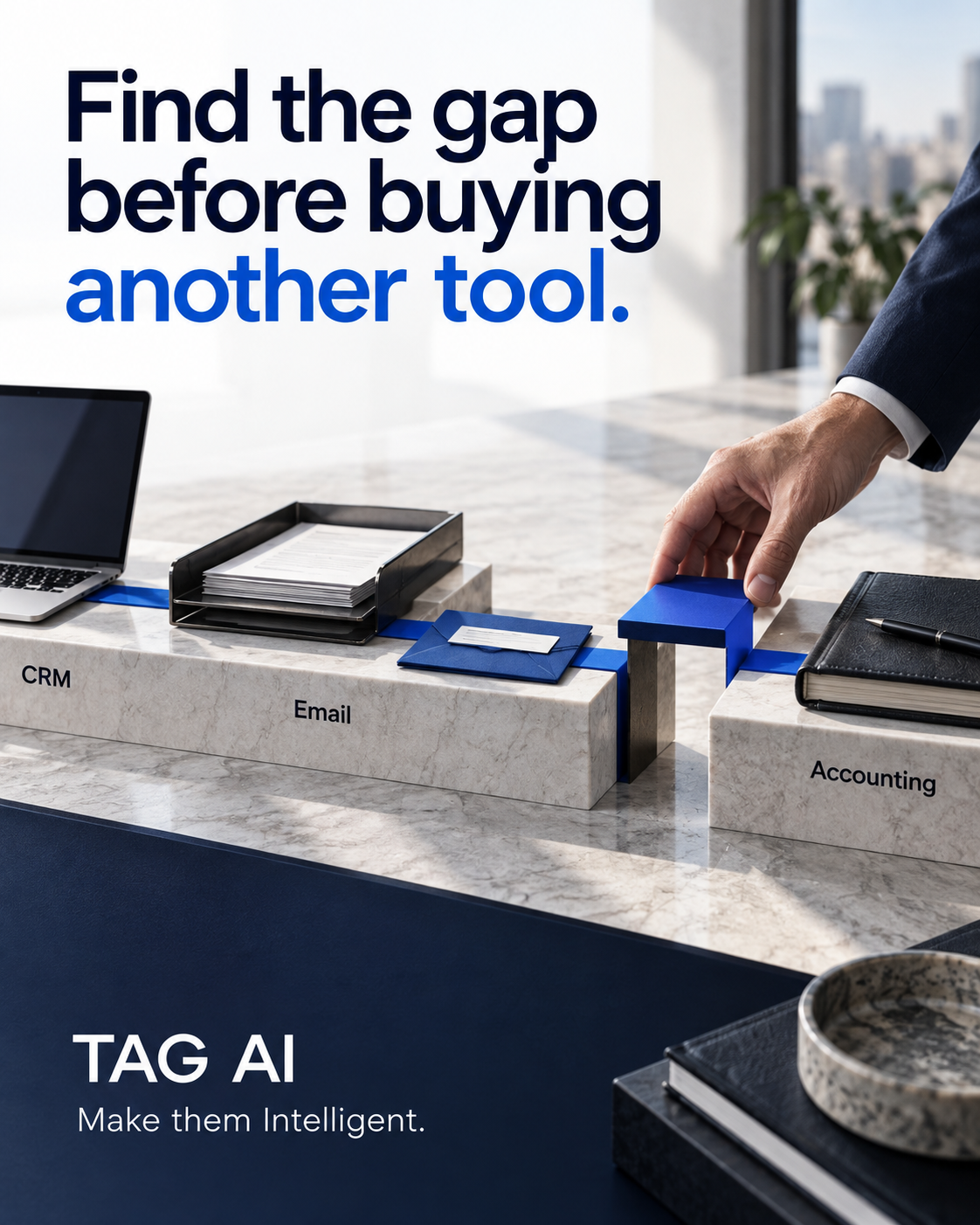 A blue bridge connects a gap between existing business systems